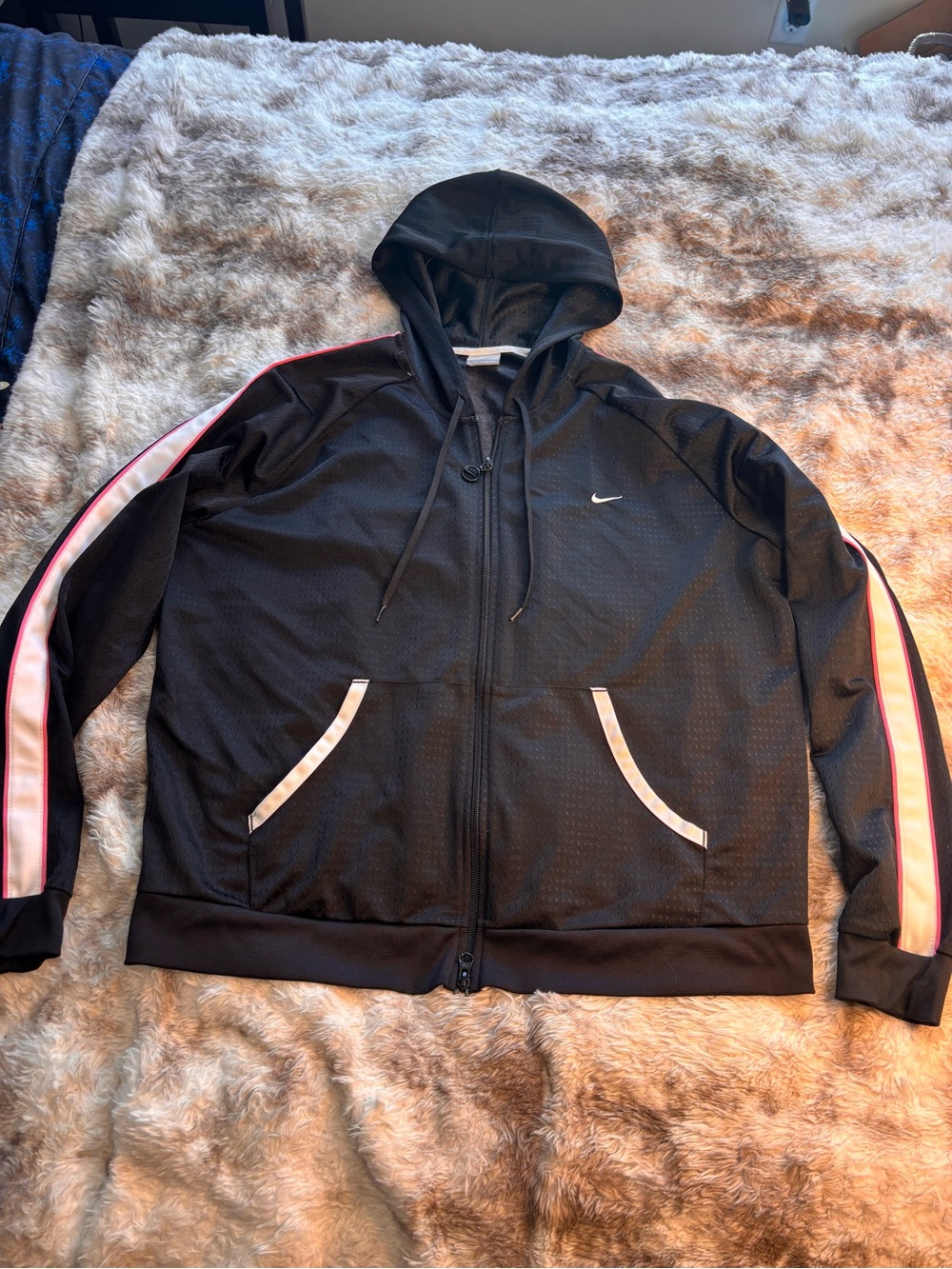 Nike Black Zip Hoodie Jacket with Pink and White Sleeve Stripes